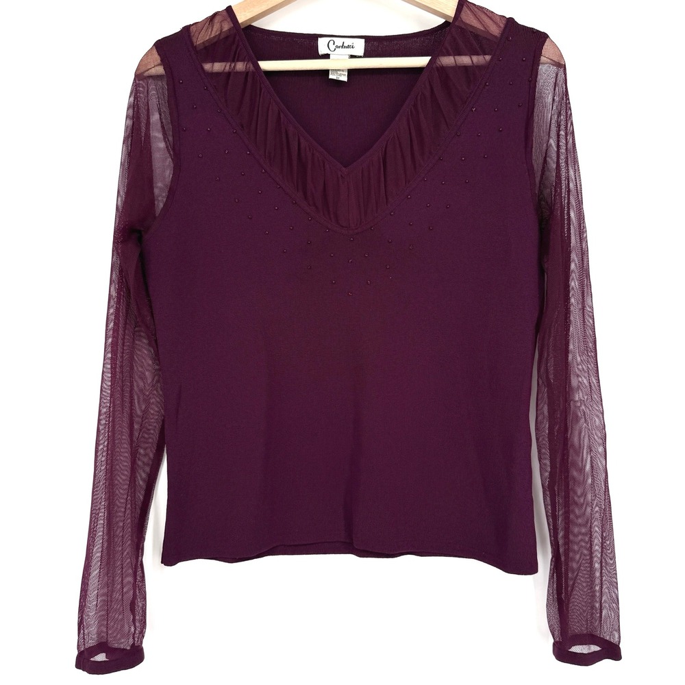 Carducci Mesh Sheer Sleeve Beaded V Neck Long Sleeve Top‎ Sz M